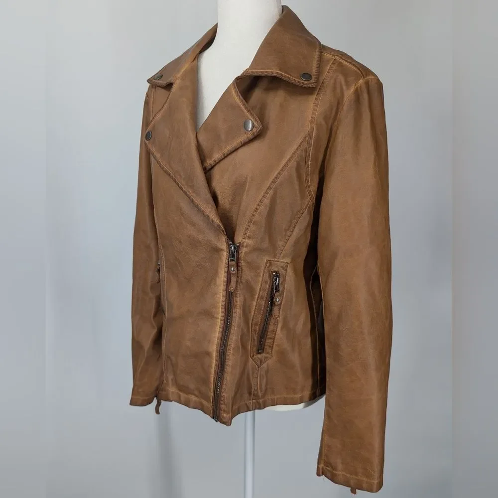 Max Studio Vegan Faux Leather Asymmetric Zip Moto Jacket Cognac Brown Large NWT